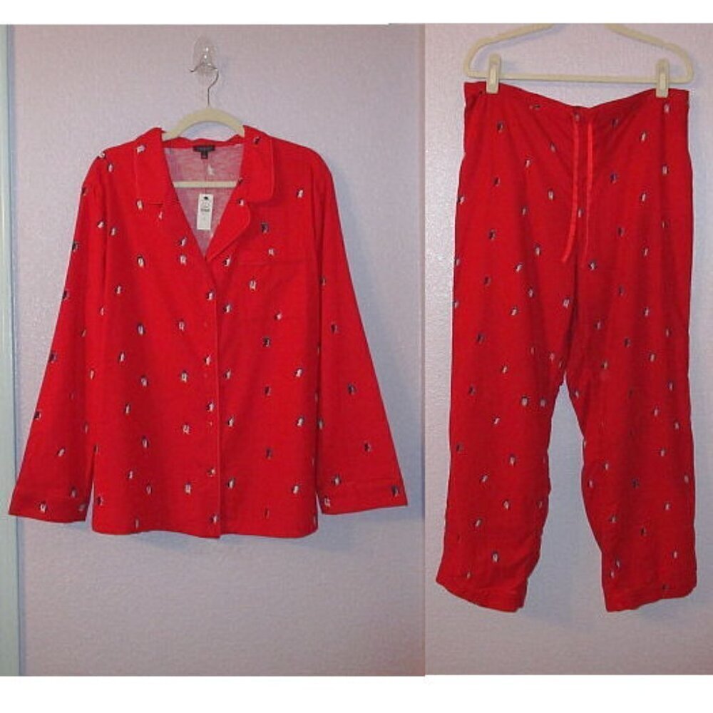 Talbots Cotton Flannel Pajamas Size L Dancing Penguins Top & Pants 2 Piece NEW